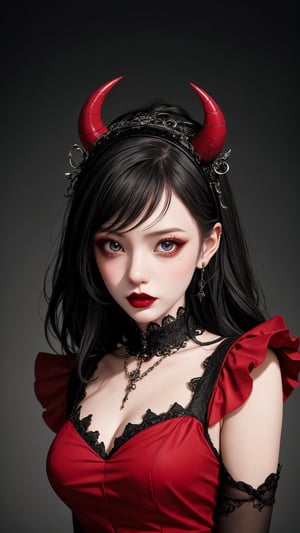 A crouched arafed woman in a striking black and red outfit dominates the frame. Intricate devil clown makeup adorns her upper body, complementing the elaborate tutu and jester-inspired costume. A Gothic mansion backdrop sets the tone for this surreal portrait. black stone heavy necklace and jewelry, evil gazes from beneath heavy eyeliner meet the viewer's eyes, reminiscent of Natalie Shau's avant-garde fashion model. The level of detail is exquisite, rivaling that of Aoshima Chiho's work. In a nod to Ray Caesar and Adrian Borda, this 8K masterpiece showcases a devil clown girl eyes in all her creepy glory, trending on ArtStation.