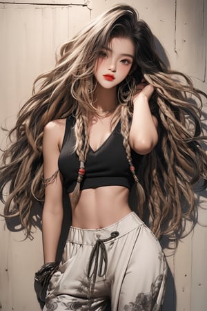  A beautiful teen girl with a skinny body, (dreadlocks hair) , she is wearing a (black designed long top and designed Harem Pants), fashion style clothing. Her toned body suggests her great strength. The girl is dancing hip-hop and doing all kinds of cool moves.,Sohwa, white wall background,medium shot,Detailedface