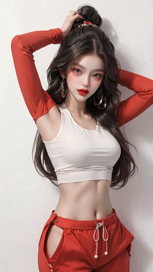  A beautiful teen girl with a skinny body, (dreadlocks hair) , she is wearing a (red designed long top and designed Harem Pants), fashion style clothing. Her toned body suggests her great strength. The girl is dancing hip-hop and doing all kinds of cool moves.,Sohwa, white wall background,medium shot,Detailedface