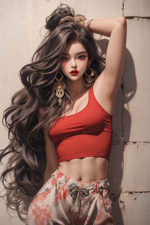  A beautiful teen girl with a skinny body, (dreadlocks hair) , she is wearing a (red designed long top and designed Harem Pants), fashion style clothing. Her toned body suggests her great strength. The girl is dancing hip-hop and doing all kinds of cool moves.,Sohwa, white wall background,medium shot