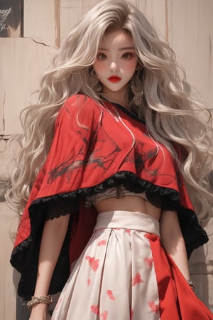  A beautiful teen girl with a skinny body, (white wavy hair) , she is wearing a (red designed poncho and designed petal skirt), fashion style clothing. Her toned body suggests her great strength. The girl is dancing hip-hop and doing all kinds of cool moves.,Sohwa,white wall, background,medium shot