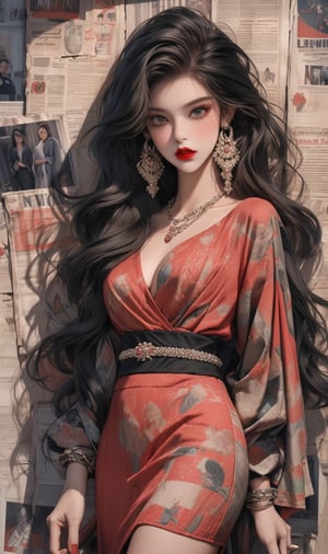 teen girl,skinny (masterpiece, best quality, ultra detailed, absurdres)1.5, long hair, bare legs, long hair
looking at viewer
jewelry
black hair
cowboy shot
earrings
long necklace
indoors
fashionable Kimono Dress
lips
wavy hair
red lips,chung,newspaper wall,fashiongirl