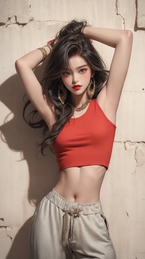  A beautiful teen girl with a skinny body, (dreadlocks hair) , she is wearing a (red designed long top and designed Harem Pants), fashion style clothing. Her toned body suggests her great strength. The girl is dancing hip-hop and doing all kinds of cool moves.,Sohwa, white wall background,medium shot,Detailedface