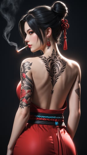 1girl, girl focus, tattoo, full back tattoo, black tattoo, black eyes, solo, black hair, back tattoo, soft red background, from behind, samurai black long skirt, hair bun, looking at viewer, backless female, character name, single hair bun, short hair, back, cigarette, cinematic, portrait,(brilliant composition),photo r3al,3D,source_real