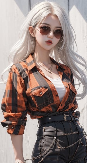  masterpiece art, 8k, A beautiful cute korean 10 year old girl,very skinny, very small breast, white hair, she is wearing a (orange checked shirt) and (black cargo pants), (waist belt), (red sunglasses), fashion style clothing. necklace, Her toned body suggests her great strength. The girl is photoshoot and doing all kinds of cool moves. Shot from a distance., insane details, (masterpiece, high quality, 8K, high_res), beautiful composition, (finely detailed  eyes and detailed face), epic, masterpiece, (brilliant composition),Sohwa,Detailedface,white_background,full shot