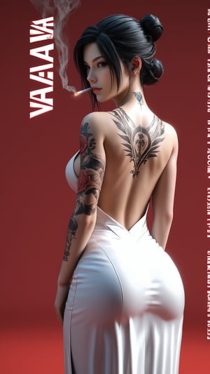 1girl, girl focus, tattoo, full back tattoo, black tattoo, black eyes, solo, black hair, back tattoo, red background, from behind, samurai white long skirt, hair bun, looking at viewer, backless female, character name, single hair bun, short hair, back, cigarette,(brilliant composition),photo r3al,3D,source_real