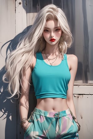  A beautiful teen girl with a skinny body, (white dreadlocks hair) , she is wearing a (green designed tank top and designed Harem Pants), fashion style clothing. Her toned body suggests her great strength. The girl is dancing hip-hop and doing all kinds of cool moves.,Sohwa,medium shot