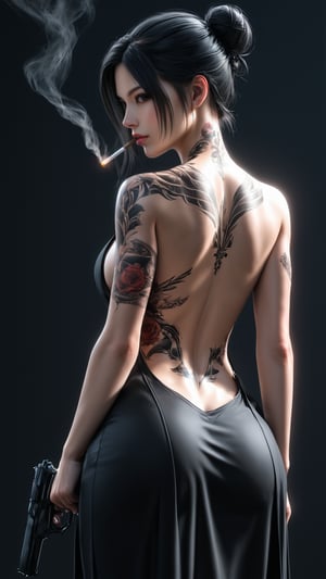 1girl, girl focus, tattoo, full back tattoo, black tattoo, black eyes, solo, black hair, back tattoo, soft red background, from behind, samurai black long skirt, hair bun, looking at viewer, backless female, character name, single hair bun, short hair, back, cigarette, hold, pistol, cinematic, portrait,(brilliant composition),photo r3al,3D,source_real