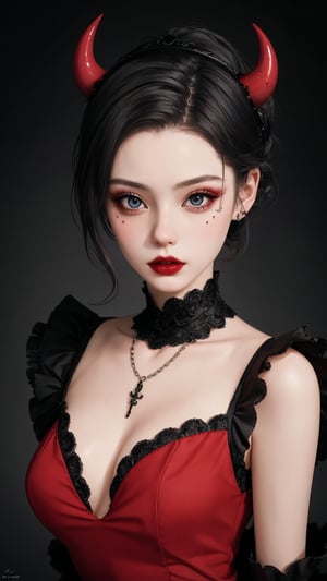 A crouched arafed woman in a striking black and red outfit dominates the frame. Intricate devil clown makeup adorns her upper body, complementing the elaborate tutu and jester-inspired costume. A Gothic mansion backdrop sets the tone for this surreal portrait. black stone heavy necklace and jewelry, evil gazes from beneath heavy eyeliner meet the viewer's eyes, reminiscent of Natalie Shau's avant-garde fashion model. The level of detail is exquisite, rivaling that of Aoshima Chiho's work. In a nod to Ray Caesar and Adrian Borda, this 8K masterpiece showcases a devil clown girl eyes in all her creepy glory, trending on ArtStation.