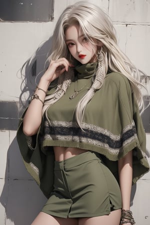  A beautiful teen girl with a skinny body, (white dreadlocks hair) , she is wearing a (olive green designed poncho and designed bly skort ), fashion style clothing. Her toned body suggests her great strength. The girl is dancing hip-hop and doing all kinds of cool moves.,Sohwa,medium full shot
