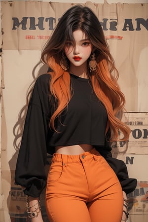  A beautiful girl with a slim figure is wearing a black shirt and laid-back hippie-style orange long top and baggy pants, fashion style clothing. Her toned body suggests her great strength. The girl is standing confident and doing all kinds of cool poses.,Sohwa,medium full shot