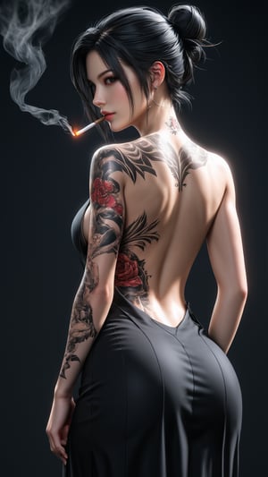 1girl, girl focus, tattoo, full back tattoo, black tattoo, black eyes, solo, black hair, back tattoo, soft red background, from behind, samurai black long skirt, hair bun, looking at viewer, backless female, character name, single hair bun, short hair, back, cigarette, cinematic, portrait,(brilliant composition),photo r3al,3D,source_real