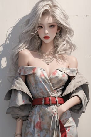  masterpiece art, 8k, (A beautiful teen girl with a skinny body), ((white dreadlocks hair)) , she is wearing a ( designed blackoff shoulder open jacket) and (red designed Petal frock), (waist belt), fashion style clothing. Necklace, jewelry, Her toned body suggests her great strength. The girl is dancing hip-hop and doing all kinds of cool moves.,white wall background,shot from a distance,detailed art Sohwa,full shot,skinny,Detaileddace