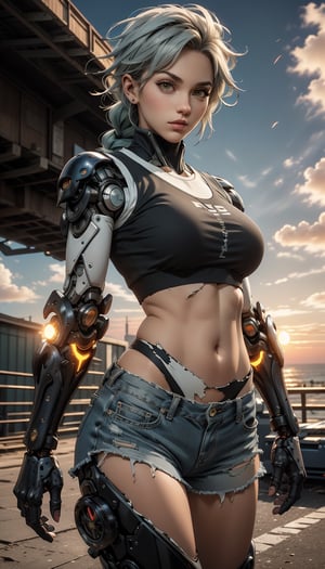 Genos(one punch man), female, mechanical cyborg, average female human height. Her face and ears look like that of a normal human, made of artificial skin, and her eyes have black sclera with green irises. She has braid grey hair and her eyebrows are grey, crop torn top, blue low rise shorts, ((torn clothes)), glowing body, big breast, bold and sexy, cool look, deep navel, masterpiece, realistic photo, ultra detailed photo, raw photo, ((dynamic posing), ((sunset lighting)), ((blue cloudy sky))