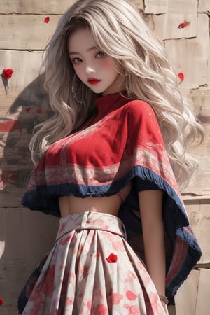  A beautiful teen girl with a skinny body, (white wavy hair) , she is wearing a (red designed poncho and designed petal skirt), fashion style clothing. Her toned body suggests her great strength. The girl is dancing hip-hop and doing all kinds of cool moves.,Sohwa,white wall, background,medium shot