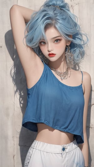  A beautiful teen girl with a skinny body, (blue dreadlocks hair) , she is wearing a (blue designed long top and designed Harem Pants), fashion style clothing. Her toned body suggests her great strength. The girl is dancing hip-hop and doing all kinds of cool moves.,Sohwa, white wall background,medium shot,Detailedface