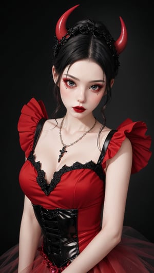 A crouched arafed woman in a striking black and red outfit dominates the frame. Intricate devil clown makeup adorns her upper body, complementing the elaborate tutu and jester-inspired costume. A Gothic mansion backdrop sets the tone for this surreal portrait. black stone heavy necklace and jewelry, evil gazes from beneath heavy eyeliner meet the viewer's eyes, reminiscent of Natalie Shau's avant-garde fashion model. The level of detail is exquisite, rivaling that of Aoshima Chiho's work. In a nod to Ray Caesar and Adrian Borda, this 8K masterpiece showcases a devil clown girl eyes in all her creepy glory, trending on ArtStation.