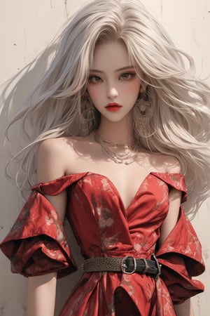  masterpiece art, 8k, (A beautiful teen girl with a skinny body), ((white dreadlocks hair)) , she is wearing a ( designed blackoff shoulder open jacket) and (red designed Petal frock), (waist belt), fashion style clothing. Necklace, jewelry, Her toned body suggests her great strength. The girl is dancing hip-hop and doing all kinds of cool moves.,white wall background,shot from a distance,detailed art Sohwa,full shot,skinny,Detaileddace