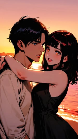 best quality, masterpiece, detailed, 16k, beautiful detailed face, beautiful detailed eyes, 8k, 1boy, 1girl, couple portrait, A handsome boy, A cute girl, (heavy lower lips), (matching couple dress), casual outfit, (beach sunset background), twilight, hug, hugging, sweet smile,pastelbg,more detail XL