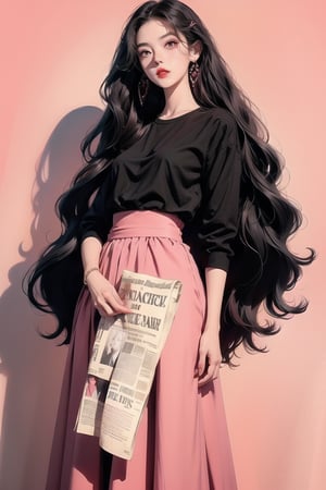 best quality, masterpiece, detailed, 16k, beautiful detailed face, beautiful detailed eyes, 8k, femalesolo, prefect body, prefect face, A korean cute girl, long black curly hair, red matt lips((heavy lower lips)), ((black top and pink long skirt)), (red background) , sweet smile, Detailedface,pastelbg,newspaper wall