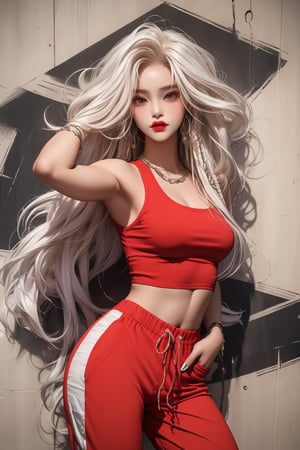  A beautiful teen girl with a skinny body, (white dreadlocks hair) , she is wearing a (red designed long top and designed bly track pants), fashion style clothing. Her toned body suggests her great strength. The girl is dancing hip-hop and doing all kinds of cool moves.,Sohwa,medium full shot