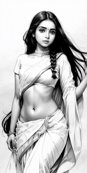 Pencil sketch, pencil sketch portrait of beautiful indian girl with long hair, blue eyes, embarrassed, nice figure, slim belly, Indian revealed white saree, dynamic posing, Art, black and white sketch, on white art paper, realistic sketch, ultra real sketch, pencil stroke sketch, pencil stroke shadow, perfect real light on paper, xyzsanart01,iinksketch,monochrome, full_body,Outline,sketch