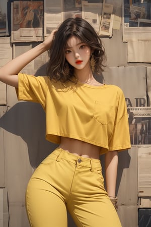  A beautiful girl with a slim figure, she is wearing a yellow shirt and baggy pants, fashion style clothing. Her toned body suggests her great strength. The girl is standing confident and doing all kinds of cool poses.,Sohwa,medium full shot