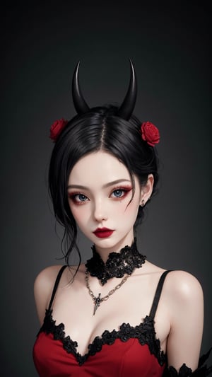 A crouched arafed woman in a striking black and red outfit dominates the frame. Intricate devil clown makeup adorns her upper body, complementing the elaborate tutu and jester-inspired costume. A Gothic mansion backdrop sets the tone for this surreal portrait. black stone heavy necklace and jewelry, evil gazes from beneath heavy eyeliner meet the viewer's eyes, reminiscent of Natalie Shau's avant-garde fashion model. The level of detail is exquisite, rivaling that of Aoshima Chiho's work. In a nod to Ray Caesar and Adrian Borda, this 8K masterpiece showcases a devil clown girl eyes in all her creepy glory, trending on ArtStation.