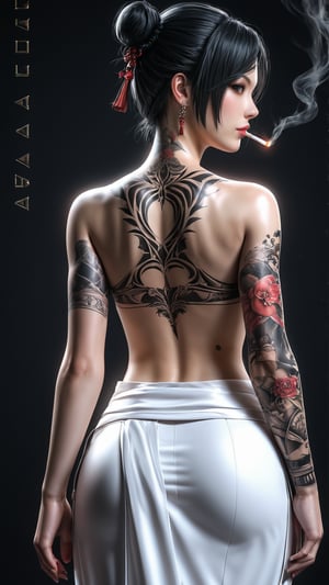 1girl, girl focus, tattoo, full back tattoo, black tattoo, black eyes, solo, black hair, back tattoo, soft red background, from behind, samurai white long skirt, hair bun, looking at viewer, upperkless female, character name, single hair bun, short hair, back, hold, cigarette, cinematic, portrait,(brilliant composition),photo r3al,3D,source_real