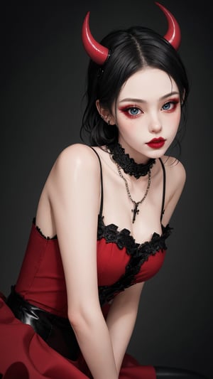 A crouched arafed woman in a striking black and red outfit dominates the frame. Intricate devil clown makeup adorns her upper body, complementing the elaborate tutu and jester-inspired costume. A Gothic mansion backdrop sets the tone for this surreal portrait. black stone heavy necklace and jewelry, evil gazes from beneath heavy eyeliner meet the viewer's eyes, reminiscent of Natalie Shau's avant-garde fashion model. The level of detail is exquisite, rivaling that of Aoshima Chiho's work. In a nod to Ray Caesar and Adrian Borda, this 8K masterpiece showcases a devil clown girl eyes in all her creepy glory, trending on ArtStation.