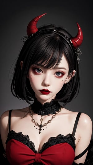 A crouched arafed woman in a striking black and red outfit dominates the frame. Intricate devil clown makeup adorns her upper body, complementing the elaborate tutu and jester-inspired costume. A Gothic mansion backdrop sets the tone for this surreal portrait. black stone heavy necklace and jewelry, evil gazes from beneath heavy eyeliner meet the viewer's eyes, reminiscent of Natalie Shau's avant-garde fashion model. The level of detail is exquisite, rivaling that of Aoshima Chiho's work. In a nod to Ray Caesar and Adrian Borda, this 8K masterpiece showcases a devil clown girl eyes in all her creepy glory, trending on ArtStation.