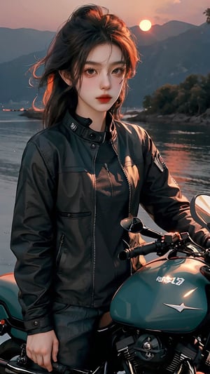 surreal, beautiful girl, wearing Geographer Motorcycle gear, at Sunset, split diopter, Movie still, Shameful