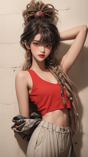  A beautiful teen girl with a skinny body, (dreadlocks hair) , she is wearing a (red designed long top and designed Harem Pants), fashion style clothing. Her toned body suggests her great strength. The girl is dancing hip-hop and doing all kinds of cool moves.,Sohwa, white wall background,medium shot,Detailedface