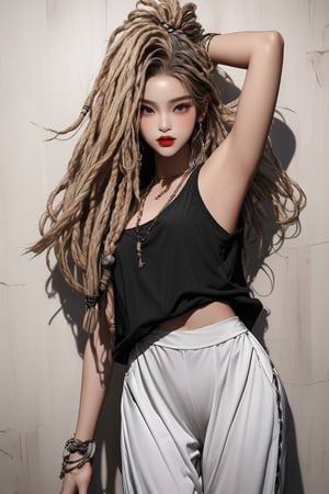 A beautiful teen girl with a skinny body, (dreadlocks hair) , she is wearing a (black designed long top and designed Harem Pants), fashion style clothing. Her toned body suggests her great strength. The girl is dancing hip-hop and doing all kinds of cool moves.,Sohwa, white wall background,medium shot,Detailedface