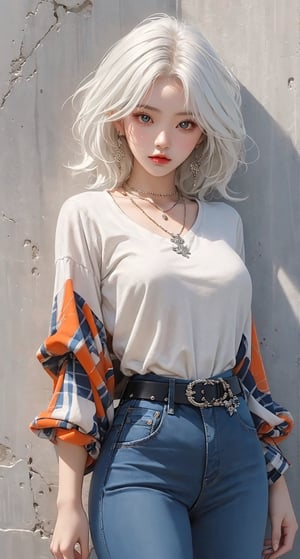  masterpiece art, 8k, A beautiful cute korean 10 year old girl,very skinny, white hair, she is wearing a (White full sleeve top and orange check shurt) and (blue jeans), (waist belt), fashion style clothing. jewelry, necklace, Her toned body suggests her great strength. The girl is photoshoot and doing all kinds of cool moves. Shot from a distance., insane details, (masterpiece, high quality, 8K, high_res), beautiful composition, (finely detailed  eyes and detailed face), epic, masterpiece, (brilliant composition),Sohwa,Detailedface,white_wall_background,full shot