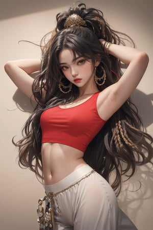 masterpiece art, 8k, A beautiful teen girl with a skinny body, (dreadlocks hair) , she is wearing a (red designed long top and designed Harem Pants), fashion style clothing. Her toned body suggests her great strength. The girl is dancing hip-hop and doing all kinds of cool moves.,Sohwa, white wall background,medium shot,Detailedface