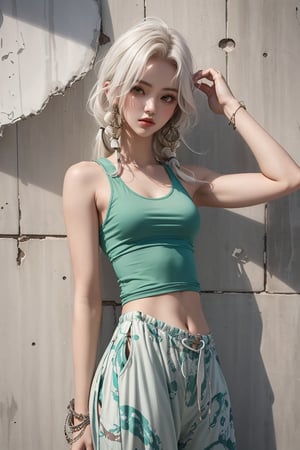  A beautiful teen girl with a skinny body, (white dreadlocks hair) , she is wearing a (green designed tank top and designed Harem Pants), fashion style clothing. Her toned body suggests her great strength. The girl is dancing hip-hop and doing all kinds of cool moves.,Sohwa,medium shot