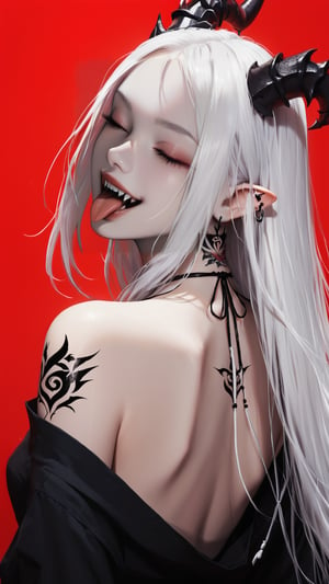 Prompt: 1girl, horn, long hair, white hair, half hair color, hanfu, back open, open mouth, closed eyes, teeth, tongue, tongue out, fangs, back tattoo, dragon tattoo, necklace, red background, dark theme, low light
