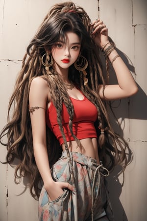  A beautiful teen girl with a skinny body, (dreadlocks hair) , she is wearing a (red designed long top and designed Harem Pants), fashion style clothing. Her toned body suggests her great strength. The girl is dancing hip-hop and doing all kinds of cool moves.,Sohwa, white wall background,medium shot,Detailedface