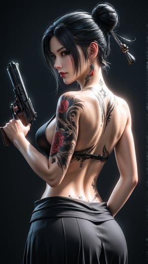 1girl, girl focus, tattoo, full back tattoo, black tattoo, black eyes, solo, black hair, back tattoo, soft red background, from behind, samurai black long skirt, hair bun, looking at viewer, backless female, character name, single hair bun, short hair, back, pistol, gun, cinematic, portrait,(brilliant composition),photo r3al,3D,source_real