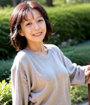 (Best Quality,8K,Raw photo,Realistic,High resolution:1.2),(light brown hair),Ultra mini skirt,(upper body:1.2),Looking at Viewer,mature,40yo,japanese ,(portrait:1.2),(at sunshine forest),grin, knit shirt,kobayashihitomi