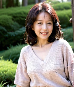 (Best Quality,8K,Raw photo,Realistic,High resolution:1.2),(light brown hair),Ultra mini skirt,(upper body:1.2),Looking at Viewer,mature,40yo,japanese ,(portrait:1.2),(at sunshine forest),grin, knit shirt,kobayashihitomi