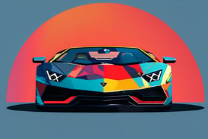 A flat design illustration of a Lamborghini  , with vibrant and contrasting colors. The style is clean and modern, featuring simple geometric forms, limited shading, and a balanced composition. The colors are bold and dynamic, giving a  retro-futuristic look.