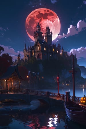 outdoors, sky, cloud, water, no humans, night, moon, building, night sky, scenery, full moon, reflection, watercraft, bridge, castle, ship, tower, boat, red moon,halloween,island