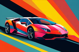 A flat design illustration of a Lamborghini  , with vibrant and contrasting colors. The style is clean and modern, featuring simple geometric forms, limited shading, and a balanced composition. The colors are bold and dynamic, giving a  retro-futuristic look.