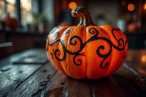 A detailed close-up captures a vibrant orange bowl, adorned with a unique design. The bowl is positioned on a dark wooden table, creating a stark contrast to the orange bowl. The background is blurred, adding a touch of depth to the scene. The orange bowl is adorned with black swirls, adding texture to the composition.,RAW Photo of HalloweenGlowStyle Orange decorative bowl, through pumpkin life(Masterpiece:1.3) (best quality:1.2) (high quality:1.1)