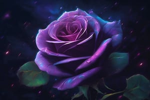 A hauntingly beautiful image of a rose made entirely of energy, glowing brightly in the darkness of the night. The petals emit a mesmerizing and otherworldly light, with shades of violet, blue, and pink. The background is a deep, dark night sky creating a sense of mystery and wonder., cinematic