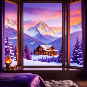 A captivating hyper-realistic cinematic image of a window overlooking a breathtaking mountain range. The mountains are majestic and towering, with snow-capped peaks and dense forests at their base. The sky is a stunning blend of purple and orange hues, casting a soft glow over the landscape. Inside the room, there are vintage furnishings, a warm fireplace, and a soft, cozy ambiance that invites relaxation., cinematic