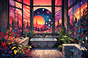 Minimalistic concrete bathroom
masterpiece, best quality, (Anime:1.4), minimalistic concrete bathroom with plants, New York Penthouse, skyline views, big high windows, purple and red sunset light, abstract painting with clear details, themes of love, affection, hope, deep meaning, sharp lines, vibrant colors, warmth, connection, dynamic shapes and patterns, bundles of tiny creatures communicating through the field of space and time, minimalist, mixed media vintage poetry paper, visually striking, deeply symbolic
