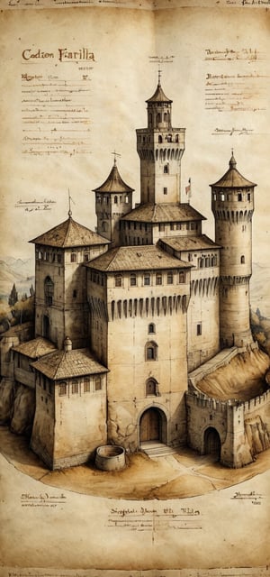 (Medieval architectural blueprint:1.3),  ink drawing, on blueprint white paper,  of a wonderful (medieval castle in Italy:1.4),  14th century,  (golden ratio:1.3),  (medieval architecture:1.3),  BREAK (front and side view:1.2),  (Illustration drafting style:1.1), highest quality,  original drawing. BREAK Front view, well-lit, by Leonardo Da Vinci, by Castruccio Castracani, (perfect drawing:1.2),  award winning,  detailed and intricate,  masterpiece,  itacstl, real_booster, itacstl, on parchment, art_booster,